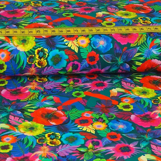 Baumwolle Bunte Blümlein auf Petrol Digital ÜBERBREITE