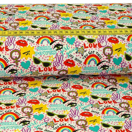 Baumwolle Girl Power mit Pink auf Cremeweiß