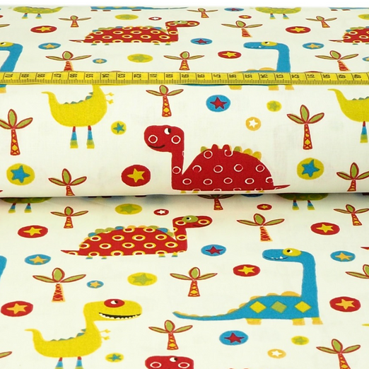 Baumwolle Dinos Dunkelrot/Blau auf Creme Überbreite