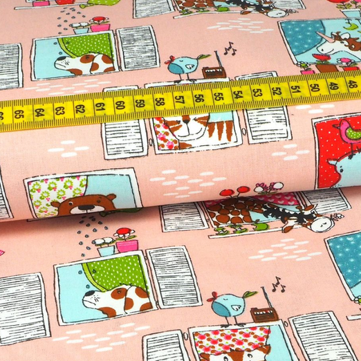 Baumwolle Tiere im Fenster Hellrosa Überbreite