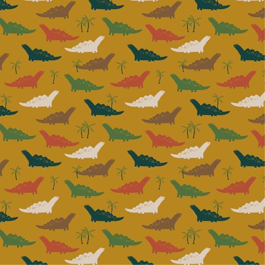 Baumwolle Bunte Dinos auf Senfgelb