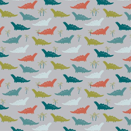 Baumwolle Bunte Dinos auf Hellgrau