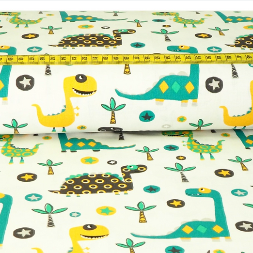 Baumwolle Dinos Senfgelb/Petrol auf Creme Überbreite