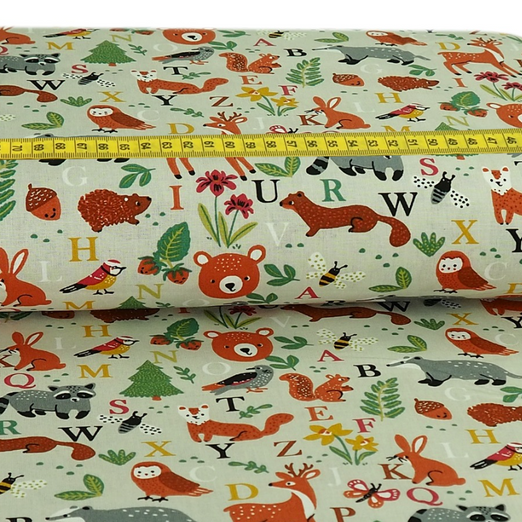 Baumwolle Waldtiere & Buchstaben auf Beige