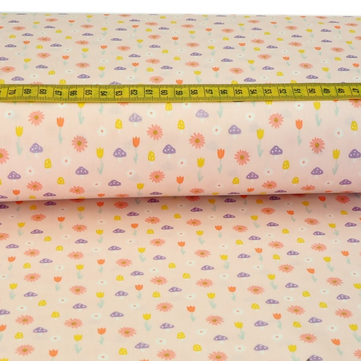 Baumwolle GLITZER Tulpen & Pilze auf Hellrosa