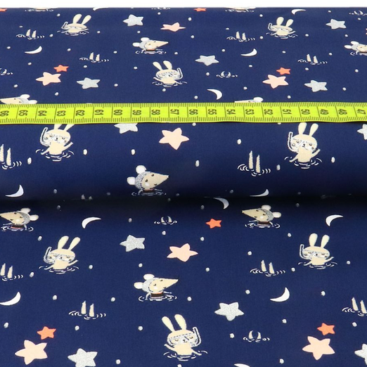 Baumwolle GLITZER Häschen & Maus auf Dunkelblau SALE