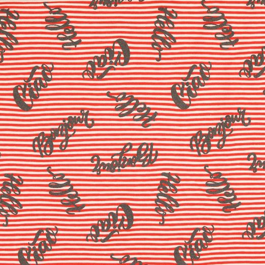 Jersey Flockdruck Schriftzüge auf Streifen Rot/Weiß