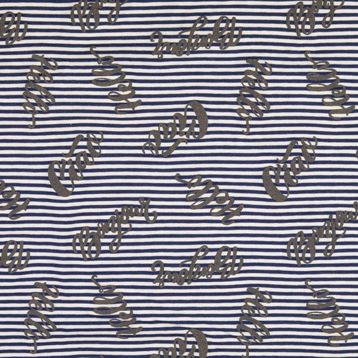 Jersey Flockdruck Schriftzüge auf Streifen Dunkelblau/Weiß