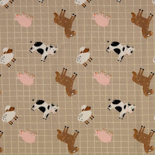 Jersey Bauernhoftiere auf Quadraten Beige