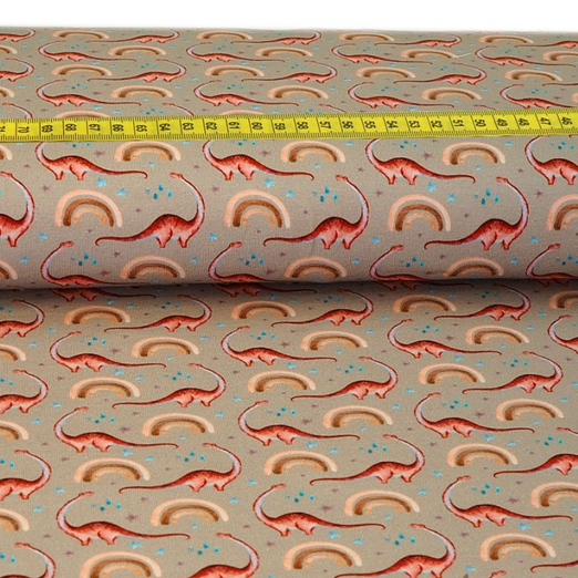 Jersey Dinos & Regenbögen auf Taupe