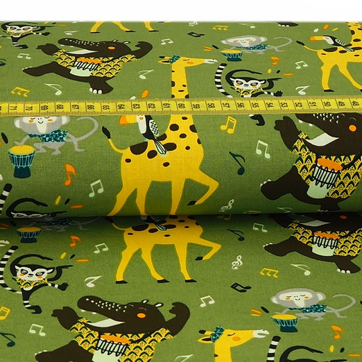 Baumwolle Dancing Animals auf Khaki Überbreite