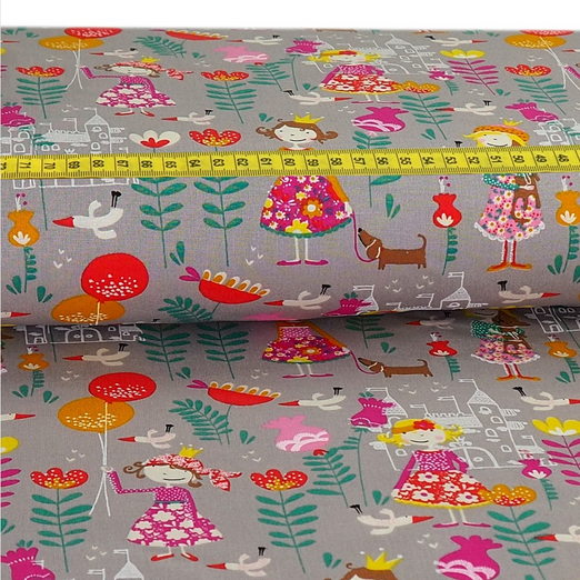 Baumwolle Märchenland auf Grau Überbreite