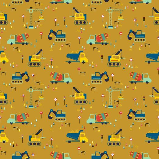 Baumwolle Baustellenfahrzeuge auf Senfgelb