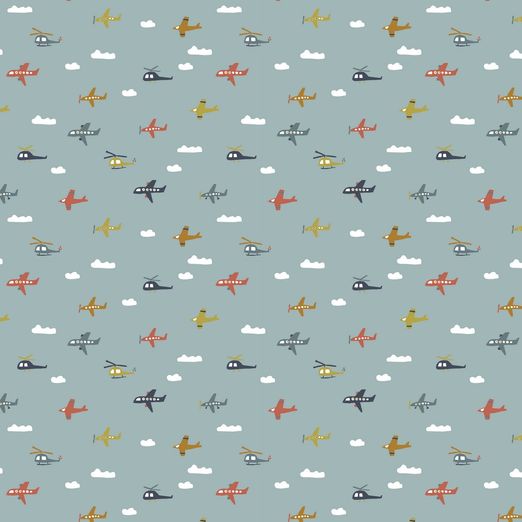 Baumwolle Bunter Flugverkehr auf Mintgrau Baumwolle Bunter Flugverkehr auf Mintgrau