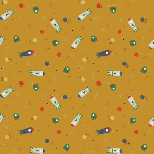 Baumwolle Space auf Dunklem Senfgelb Baumwolle Space auf Dunklem Senfgelb