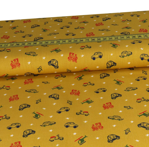 Baumwolle GLOW IN THE DARK Fahrzeuge Senfgelb Baumwolle GLOW IN THE DARK Fahrzeuge Senfgelb