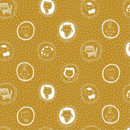 Baumwolle Tierchen im Kreis Weiß auf Senfgelb