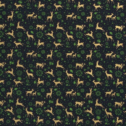 Baumwolle WEIHNACHTEN Golddruck Deer & Snowflakes auf Dunkelblau