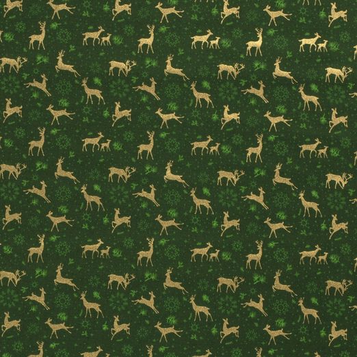Baumwolle WEIHNACHTEN Golddruck Deer & Snowflakes auf Dunkelgrün