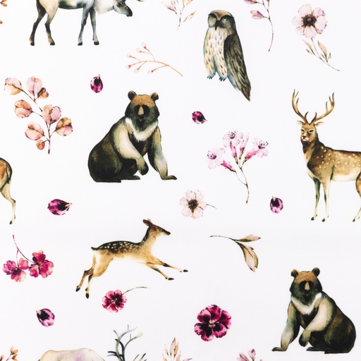 Baumwolle Waldtiere und Blumen auf Creme Digital