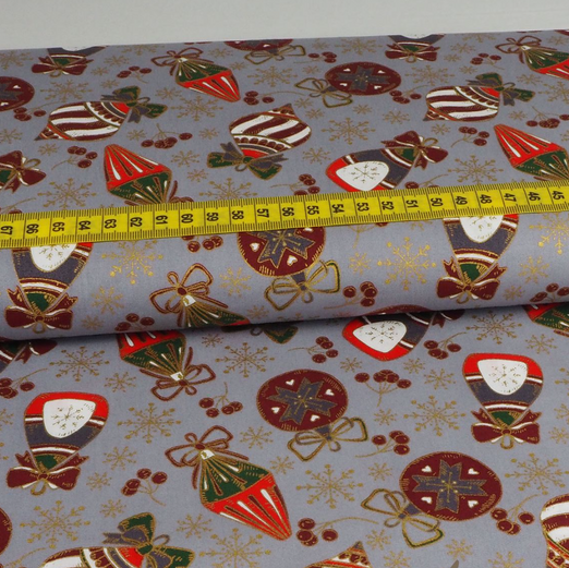 Baumwolle Weihnachten Golddruck Ornamente Hellgrau
