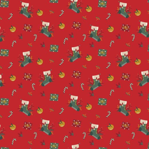 Baumwolle WEIHNACHTEN Nikolausstiefel & Geschenke auf Rot Baumwolle WEIHNACHTEN Nikolausstiefel & Geschenke auf Rot