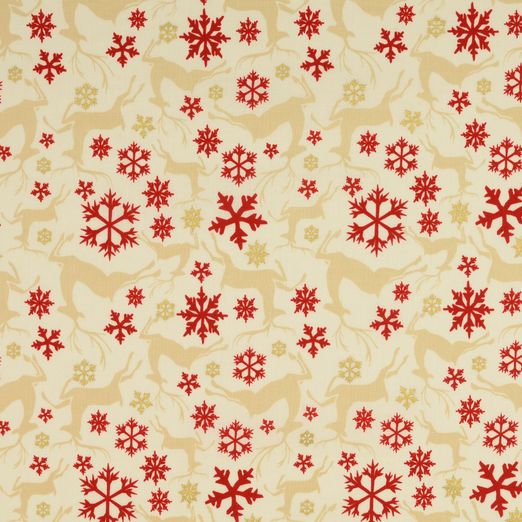 Baumwolle Golddruck Christmas Springende Hirschen & Schneeflocken auf Creme