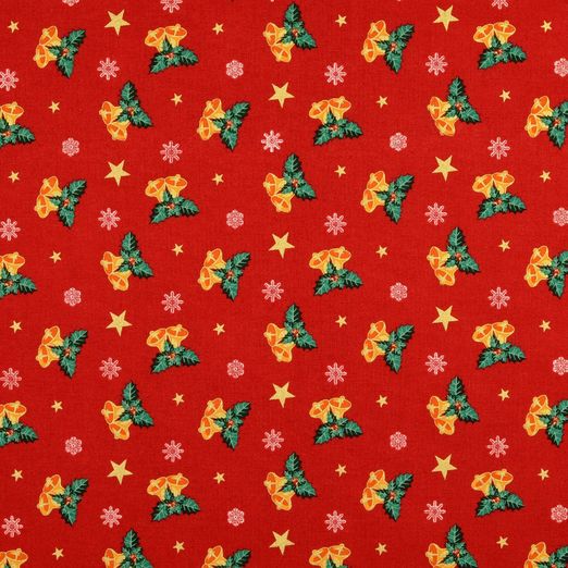 Baumwolle Golddruck Christmas Weihnachtsglocken auf Rot