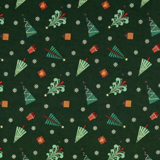 Baumwolle Golddruck Christmas Weihnachtsbäume & Geschenke auf Dunkelgrün Baumwolle Golddruck Christmas Weihnachtsbäume & Geschenke auf Dunkelgrün