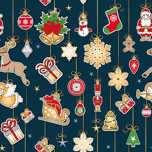 Baumwolle WEIHNACHTEN Foliendruck Weihnachtsaufhänger auf Dunkelblau Baumwolle WEIHNACHTEN Foliendruck Weihnachtsaufhänger auf Dunkelblau