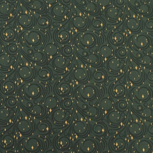 Baumwolle WEIHNACHTEN Foliendruck Schnörkel und Rauten auf Tannengrün