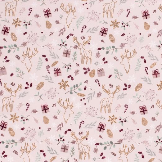 Baumwolle WEIHNACHTEN Foliendruck Hirsche und Weihnachtszweige auf Hellrosa