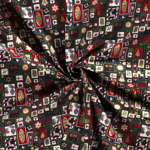 Baumwolle WEIHNACHTEN Foliendruck Weihnachts-Patchwork auf Dunkelgrün