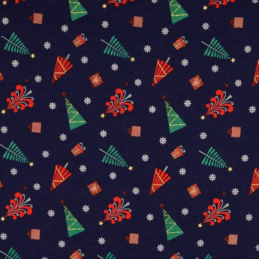 Baumwolle Golddruck Christmas Weihnachtsbäume & Geschenke auf Dunkelblau Baumwolle Golddruck Christmas Weihnachtsbäume & Geschenke auf Dunkelblau