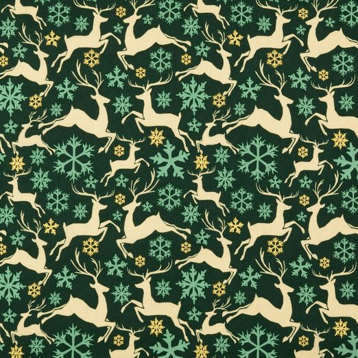Baumwolle Golddruck Christmas Springende Hirschen & Schneeflocken auf Dunkelgrün