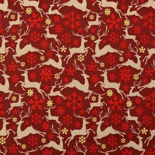 Baumwolle Golddruck Christmas Springende Hirschen & Schneeflocken auf Dunkelrot