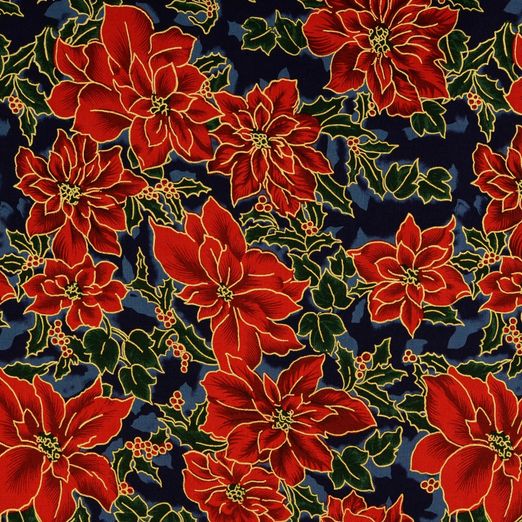 Baumwolle Golddruck Christmas Mistelzweige & Blüten auf Dunkelblau