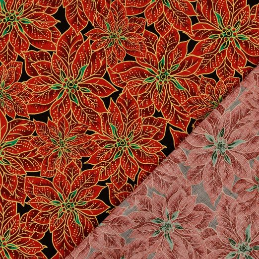 Baumwolle Golddruck Christmas Rote Blüten auf Schwarz Baumwolle Golddruck Christmas Rote Blüten auf Schwarz