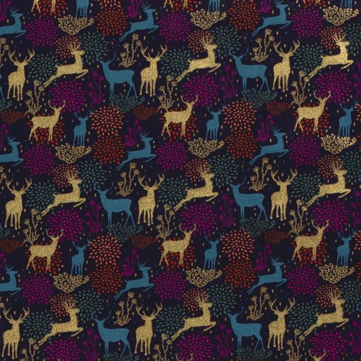 Baumwolle WEIHNACHTEN Foliendruck Hirsche und Gräser auf Dunkelblau