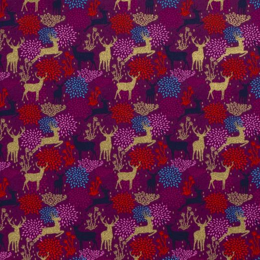 Baumwolle WEIHNACHTEN Foliendruck Hirsche und Gräser auf Fuchsia