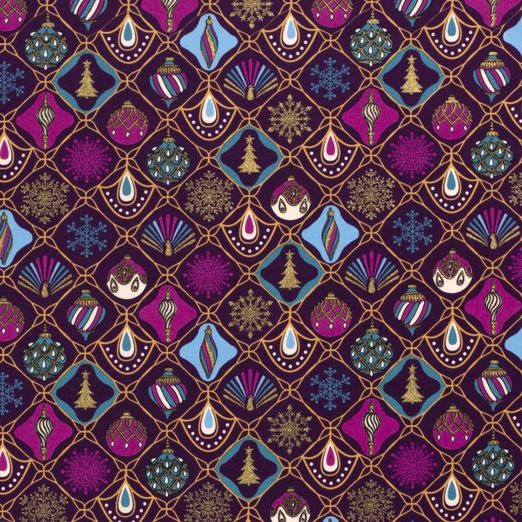 Baumwolle WEIHNACHTEN Foliendruck Weihnachtskugeln auf Lila