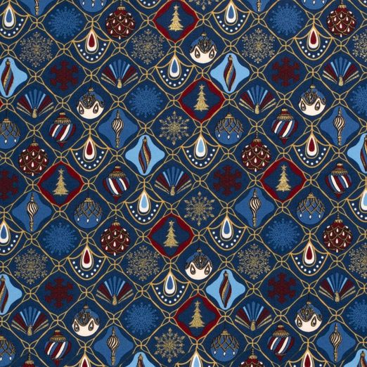 Baumwolle WEIHNACHTEN Foliendruck Weihnachtskugeln auf Dunkelblau