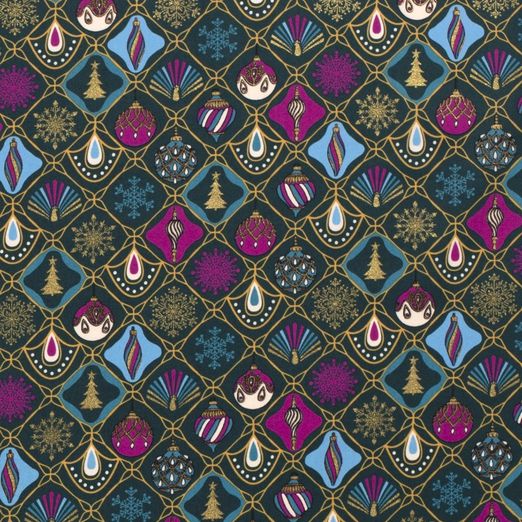 Baumwolle WEIHNACHTEN Foliendruck Weihnachtskugeln auf Petrol