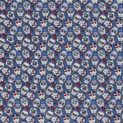 Baumwolle Coloured Skulls auf Rauchblau