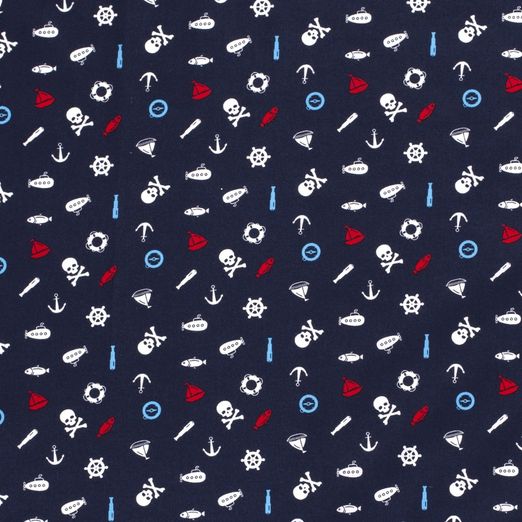 Baumwolle Kleine Maritime Symbole Hellblau, Weiß und Rot auf Dunkelblau