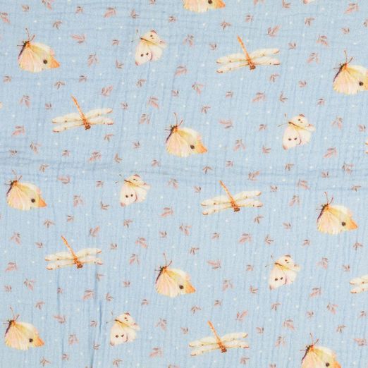 Musselin Libellen & Schmetterlinge auf Hellblau Digital