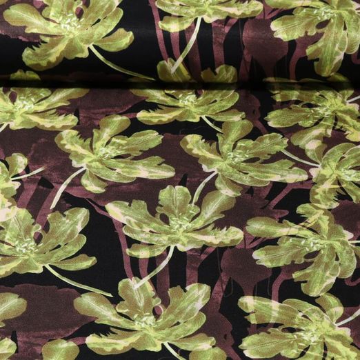 Viscose - Satin Fleurs Noir Vert