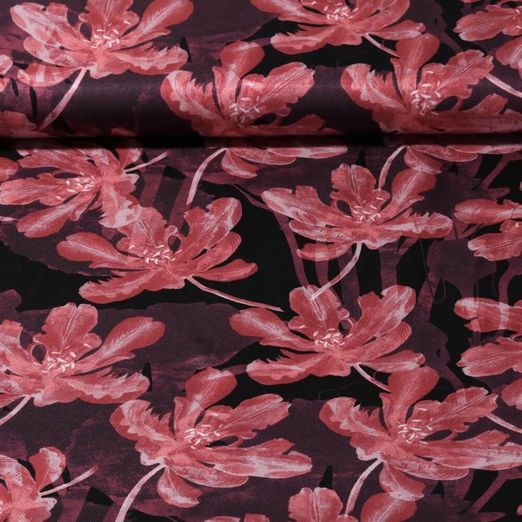 Viscose - Satin Fleurs Noir Rouge