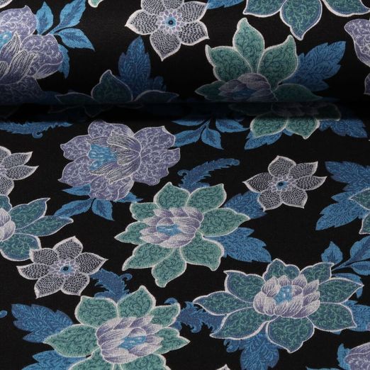 Jersey romanite - Softpunta Fleurs Noir Bleu