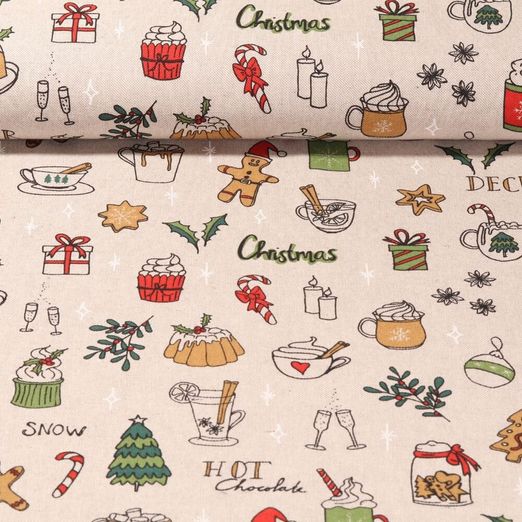 Toile canevas - Gourmandises de Noël Aspect lin Beige